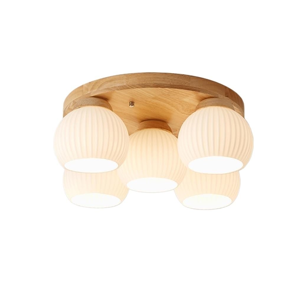 LUOYAOB Japanese Retro E27 5 Heads Ceiling Lights Glass Shade Semi Flush Mount Ceiling Lamp Rubber Wood Frame Ceiling Light Fixture for Bedroom Living Room Study Office Hotel Lobby