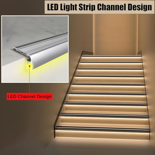 Borde de nariz de escalera metálico contra roturas en peldaños de vinilo con LED 4