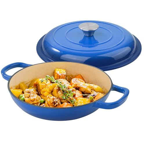 Fijinhom 3 Quart Enameled Shallow Cast Iron Dutch Oven with Lid, Dual Handles Dutch Pots for Cooking, Stewing, Heavy-Duty & Nonstick, Oven Safe up to 500° F, Works on All Stovetops, Dark Blue