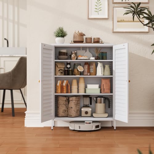 Image of 40 inch Kitchen Pantry Cabinet, Entryway Storage Cabinet, White | Heavy Duty Metal, Fluted Doors, 3 Adjustable Shelves, 5-Tier, Modern, Multi-Purpose for Living Room, Office, Apartment