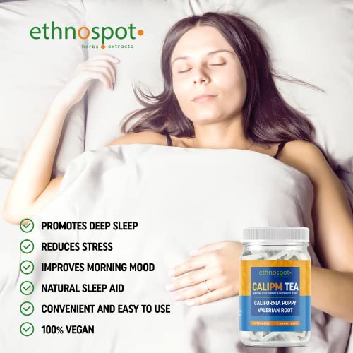 Calipm Valerian Root California Poppy Herbal Sleep Aid Tea - Promotes Deep Sleep & Longer Sleep - Reduce Stress & Relax The Body - Improve Morning Mood - Natural Sleep Aid Teabags - 48 Vegan Teabags #TOP5