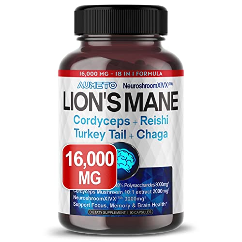 Lions Mane Supplement 40% Polysaccharides 16,000Mg With Cordyceps, Reishi, Turkey Tail, Chaga Mushroom Complex -- Advanced Caffeine-Free 18 In 1 Brain Supplement For Memory And Focus For Men & Women #TOP16