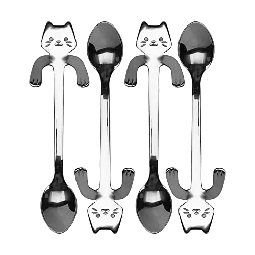 JANKOW 4PCs Cat Spoon Coffee Teaspoon, Stainless Steel Hanging Cup Tea Spoon, Dessert Scoop for Stirring Drink, Mixing Milkshake Jam, Set of 4 (Silver) for Tea, Coffee, Dessert, Sugar, Ice Cream