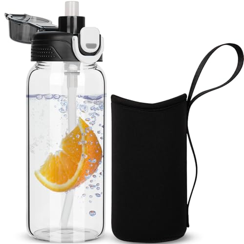 DEARRAY 0.6l Botella Agua Cristal con Pajita, 600ml a Prueba de Fugas Botella de Vidrio Borosilicato con Funda de Neopreno...