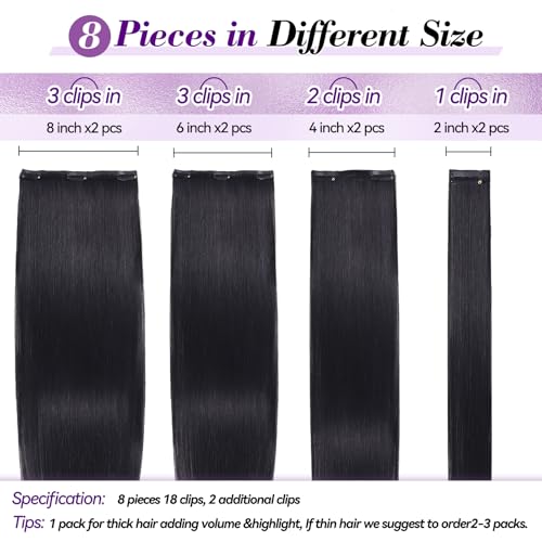 Image of Clip in Hair Extensions Real Human Hair 18 inch 100g /3.6oz Straight Seamless Invisible Human hair Extensions Clip ins for Women Double Weft 8pcs #1B-Red Black