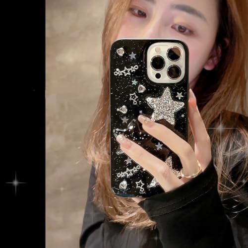 Coque iPhone 16 paillettes étoiles 3D strass noir transparent antichoc
