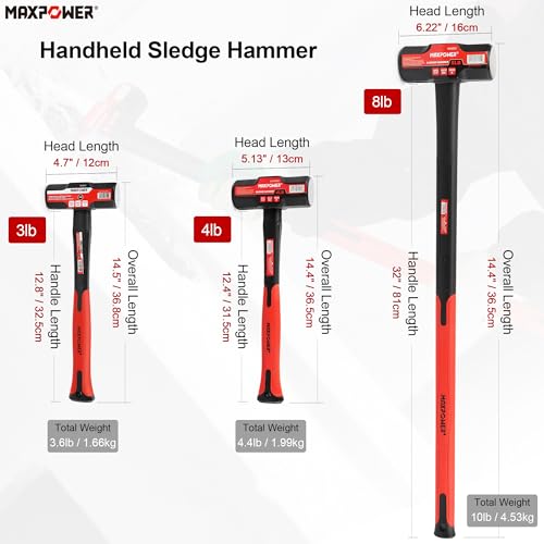 Image of MAXPOWER 3lb Sledge Hammer, Drop forged Steel Head, 12.8 inch Fiberglass Handle Shock-Resistant