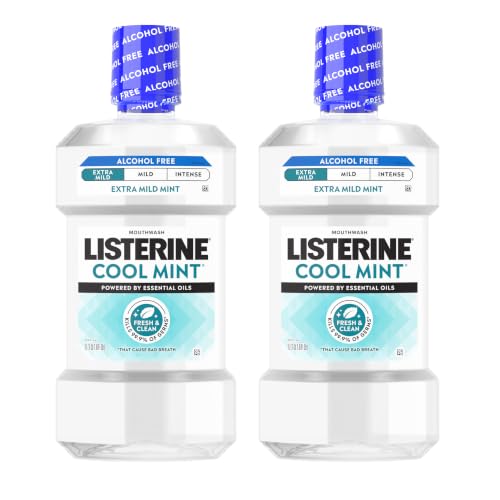 Image of Listerine Extra Mild Alcohol Free Mouthwash, Cool Mint, 33.8 fl. oz /1L x 2 | No Burn, Clinically Proven Essential Oils Kill 99.9% of Germs That Cause Bad Breath, Dye Free Oral Rinse