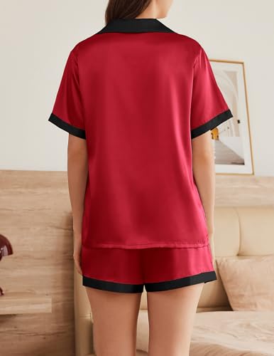 Image of Ekouaer Womens Silk Satin Pajama Set Short Sleeve PJs 2 Piece Button Down Top and Shorts Notch Collar Sleepwear Sets Soft Pjs