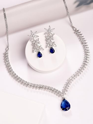 Image of Karatcart Elegant Silver Plated Blue American Diamond Necklace Set for Women