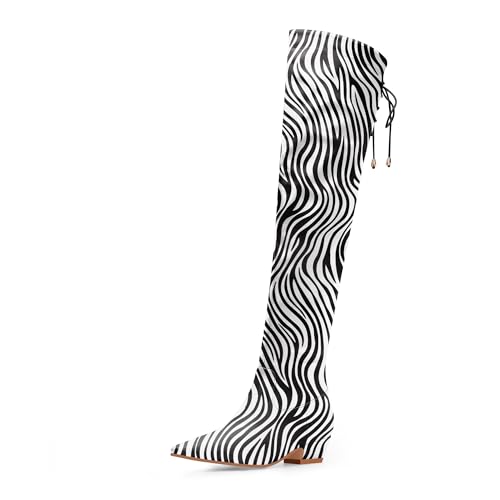 Women's Chunky Heel Thigh High Boots Closed Toe Side Zipper Lace Up Over The Knee Boots