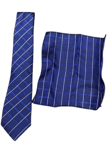 Microfiber Plaid Tie and Pocket Square Set, Blue, Geometric Pattern, Formal Wear, Handmade, One Size-picture-16