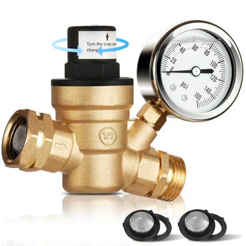 Image of SheeChung RV Water Pressure Regulator, Brass Lead-Free Adjustable Water Pressure Reducer with Gauge, Screw-Adjustable 0-160 PSI, 3 /4 inch GHT for RV, Camper, Trailer, Garden Hose