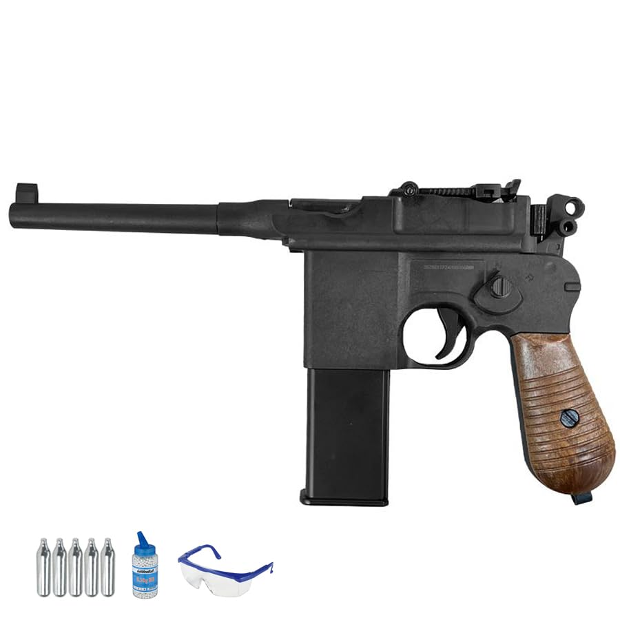 ECOMMUR Pistola Well G196 WWII C96 CO2 | Pack Pistola (biberón 0,20 + Gafas +CO2)