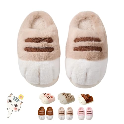 DUOCHSUA Pantuflas acogedoras 3D con forma de pata de gato para mujer, pantuflas de felpa cálidas con espuma viscoelástica para pies de gato (5/6, caqui B)