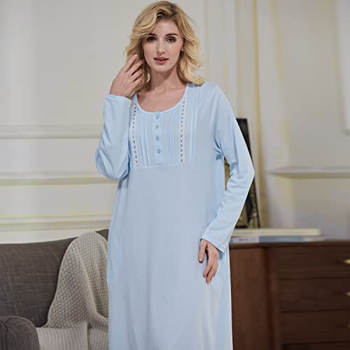 Keyocean Women Nightgowns With Pockets, Soft All Cotton Knit Lightweight Long Sleeve Ladies House Dress, Light Blue, Xx-Large (Xxl) #TOP6