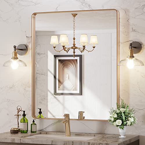 Loaao 30”X36” Gold Bathroom Mirror, Rounded Rectangle Gold Frame Mirror, Brushed Gold Bathroom Vanity Mirror Wall-Mounted, Anti-Rust, Tempered Glass, Hangs Horizontally Or Vertically #TOP2