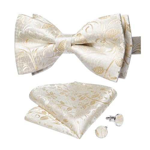 Image of DiBanGu Paisley Pre-Tied Bow Ties for Men Silk Adjustable Bowtie and Pocket Square Cufflinks for Wedding Party