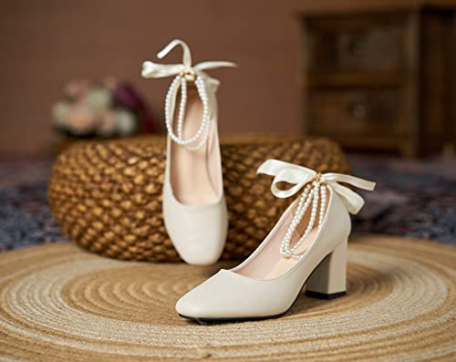 LizFoYa Women Elegant Square Toe Dress Pumps Ankle Strap Bow Accent Bridal Pumps Comfort Chunky Heels2
