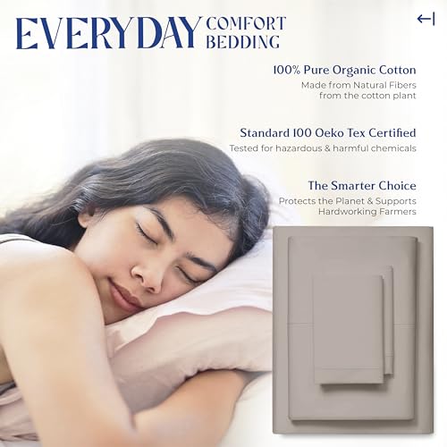 Image of Mayfair Linen 100% Organic Cotton Sheets Queen Size - 4 PC Organic Cotton Queen Size Percale Weave Sheet Set, Soft, Cooling, Crisp & Breathable, 16 inch Deep Pocket Hotel Quality Bedding Set (Taupe)