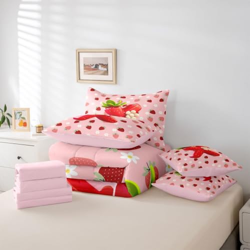Image of Feelyou Girls Pink Red Strawberry Comforter Set Queen Size 7 Pieces Initial Letter X Bedding Set Kids Boys Girls Princess Strawberry Bed in a Bag with Comforter, Sheets, Pillowcases, Cushion Covers