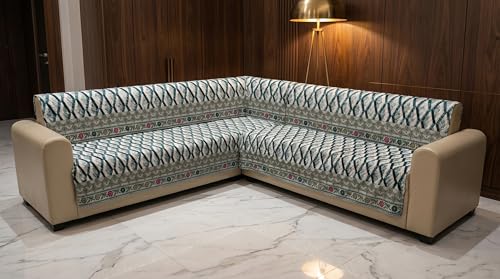 Image of Luxury Sofa Cover L Shape 7 Seater - Indigo Geometric Paisley 4+3 Seater (7 Seater) Quilted Sofa Cover Set Pack of 5, Washable, Indigo Ivory