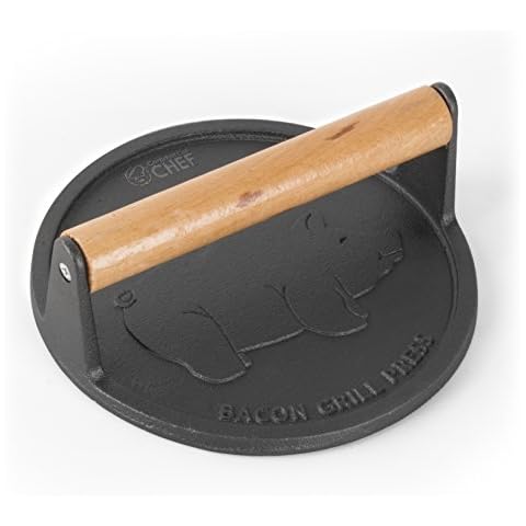 Commercial Chef Bacon Grill Press with Wood Handle, 7 Inch, Cast Iron, Round Flat Shape, CHCI701 Cover