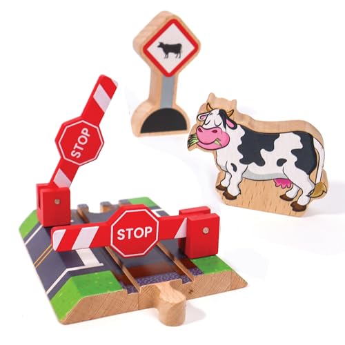 wooden railroad crossing - 3 piece set rail road signal gate wooden sign cow - compatible with all major train brands - railroad toy train track accessories - zany trains - train track