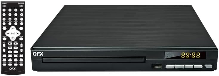 Quddiem view of the QFX VP-110 DVD/CD Player with its remote control