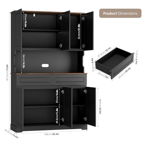 Image of FACBOTALL 74 inch Pantry Cabinet, Tall Kitchen Pantry Cabinet with 6 Doors and 2 Drawers, Kitchen Hutch with Wide Countertop, Modern Kitchens Cupboard with Adjustable Shelves and Charge Holes, Black