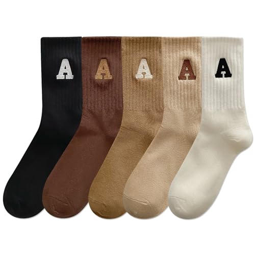 IIG Womens Girls Novelty Funny Crew Socks Cute Animal Bear Socks for Girl's Gift (Embroidery letter A - 5 pairs)