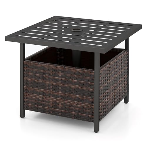 DORTALA Rattan Wicker Umbrella Square Side Table Outdoor Stand Garden Leisure Coffee Table with Umbrella Hole Dark Brown