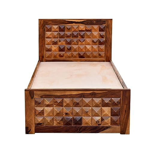 SONA ART & CRAFTS Diamond Solid Sheesham Wood Single Bed with Two Drawer Storage for Bedroom Furniture Solid Wooden Bed Single Size Palang Cot Wooden Hostel Drawer Diwan Bed for Home (Honey Teak)