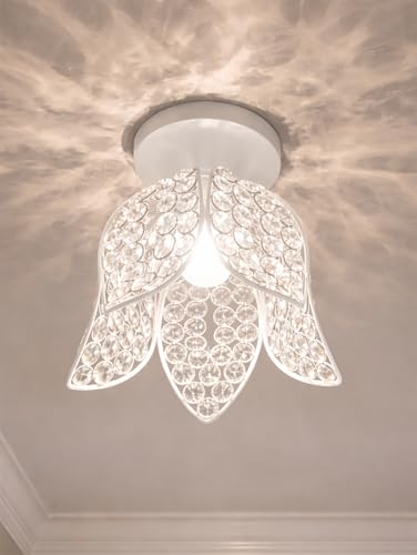 Image of Modern Crystal Flush Mount Ceiling Light | Gold Finish Decorative Ceiling Lamp for Hallway, Bedroom, Living Room, Balcony & Foyer | Warm Light Home Decor Fixture (White Lotus)