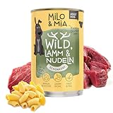 Milo & Mia - Adult Nassfutter für Hunde, ausgewogene Tierarztrezeptur in Lebensmittelqualität, durch hochwertige Proteine sehr sanft zu Magen & Darm, natürliche Zutaten: Wild, Lamm & Nudeln (6x400g)