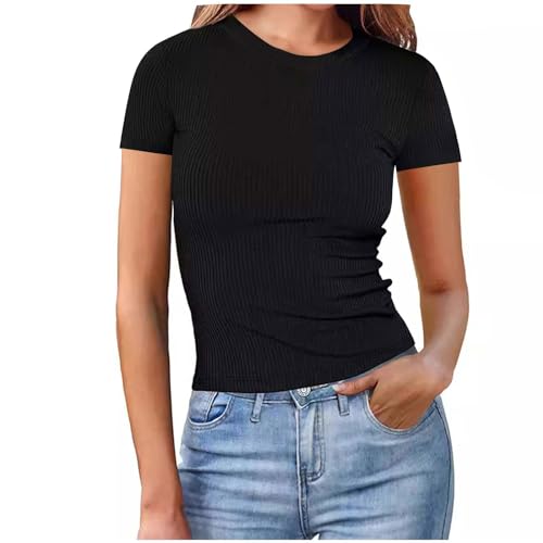 Womens Summer Casual Basic T Shirts Crewneck Ribbed Knit Short