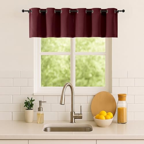 Image of Simplebrand Burgundy Window Valance for Kitchen 14 Inches Long 2 Panels Set, Room Darkening Valance Curtains for Living Room, Grommet Short Privacy Kitchen Curtains for Bedroom Kids Room, 40Wx14L