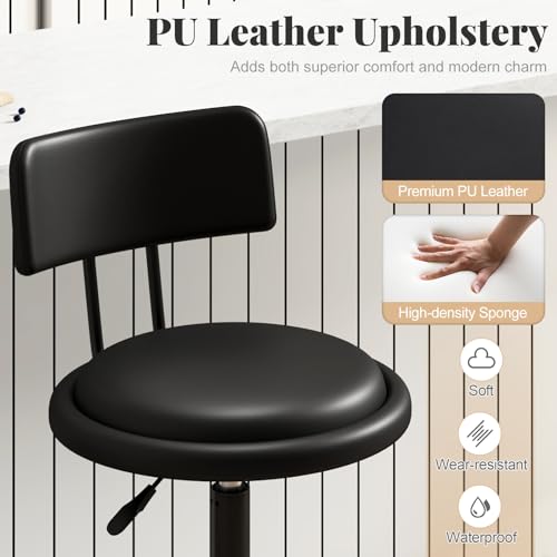 GIANTEX Taburete Giratorio Set de 2 para Isla de Cocina y Barra Ajustable en Altura con Asiento y Respaldo Acolchonado, Reposapiés, Estructura Metálica, Tapizado en Cuero PU Negro miniatura 4