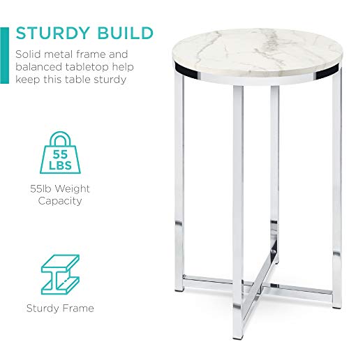 Best Choice Products SKY6071 16In Faux Marble Accent Table, Modern End Table, Small Coffee Table Home Decor For Living Room, Dining Room, Tea, Coffee W/Metal Frame, Foot Caps, Designer - White/Chrome thumb #3