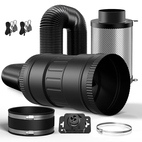Brogachy 100mm Abluftset,Lüftungsset, Inline Rohrventilator mit Drehzahlsteller Aktivkohlenfilter Abluftchlauch und Klemmen Gummimuffe, Belüftungssystem für Growzelt Gewächshaus.