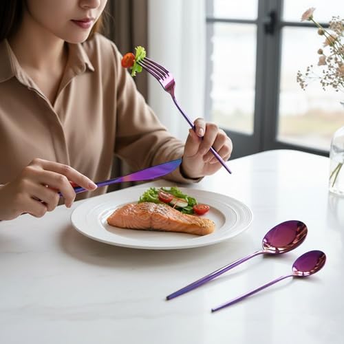 Image of Slim Handle Pink 10 Pcs Stainless Steel Cutlery Set for Dining Table, Dishwasher Safe Glossy Flatware (2 Spoon Set+2 Forks Set+2 Butter Knife+2 Dessert Spoon+ 2 Fruit Fork)