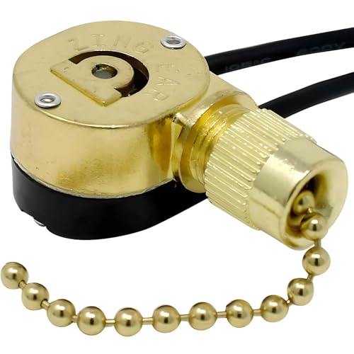 Image of ZE-109M E89885 2 Wire Pull Chain Light Switch Replacement Single Pole Single Through SPST 3A125VAC 6A250VAC for Ceiling Fans, Lamps & Lighting Fixtures (Brass)