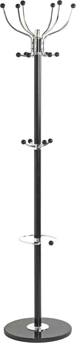 HAKU Garderobenständer aus Stahlrohr – Schwarz lackiert mit verchromten Haken, Marmorfuß, H 176 cm, Ø 38 cm