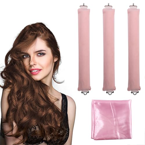Rizador de Pelo Sin Calor (3 Piezas), Rizador para dormir, Rizador sin calor para todo tipo de cabello, DIY Rizos Sin Calor Flexibles, Rosa