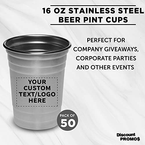 Custom Stainless Steel Beer Cups 16 oz. Set of 50, Personalized Bulk Pack - Perfect for Corporate Parties, Indoor & Outdoor Events - Silver