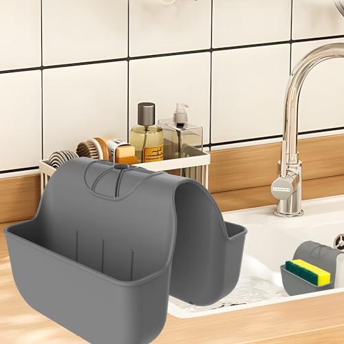 OKeanu Sponge Holder for Kitchen Sink Silicone Sink Saddle Caddy Organizer Rack Sponges Holder Over Faucet Hanging Kitchen Organizer Accessories Rack Basket - Dark Gray