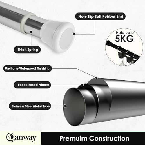 Image of Canway (155-290 CM) Adjustable Curtain Rod Without Drilling White-Silver | Bathroom & Shower Curtain Rod | Heavy Duty Tension Curtain Rod for Bathroom, Window & Kitchen