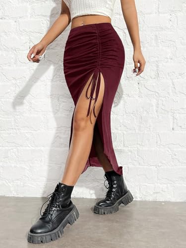 Knit Drawstring High-Slit Skirt Basic Women's Summer Casual Vinage Skirt3