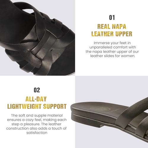 JATAREA Slip-On Flat Leather Slides for Women | Two Strap Open Toe Beach Sandals - BOJRA & ABANTI4