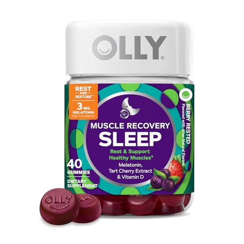 OLLY Muscle Recovery Sleep Gummies, Sleep and Healthy Muscle Support,* 3mg Melatonin, Tart Cherry Extract, Vitamin D, Berry Rested Flavor, 20 Day Supply - 40 Count